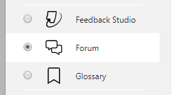 Menu showing how to find and select the forum activity.
Menu shows options of "Feedback Studio", "Forum", "Glossary".
