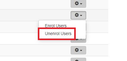 setting icon is selected. in the drop down menu, unenrol users is highlighted 