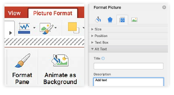 power point menu for picture format. the format picture options include an area to add description for alt text