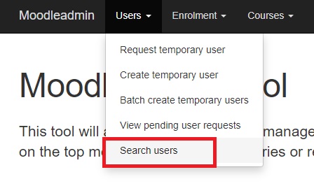 Moodle menu. User is selected. Search user is highlighted in the drop down menu