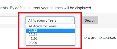 drop down menu displaying academic years