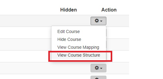Setting icon is selected. View course structure is highlighted in the drop down menu