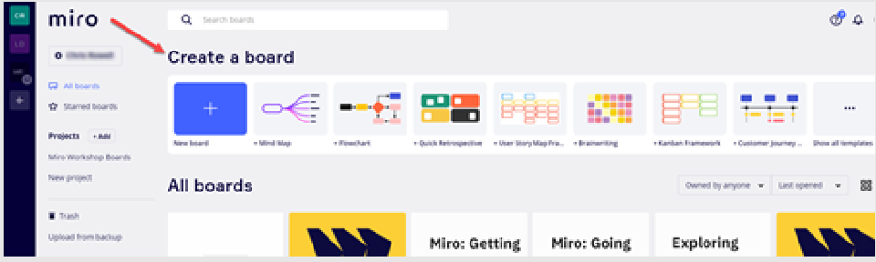 Miro interface. Select the create a board option
