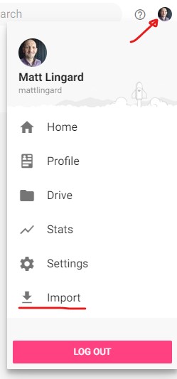 Padlet interface. Select the profile image icon. select the import option in the drop down menu