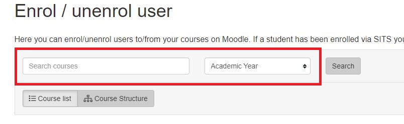 Enrol/ unenrol user page interface. search bar to search by course and drop down menu with academic years