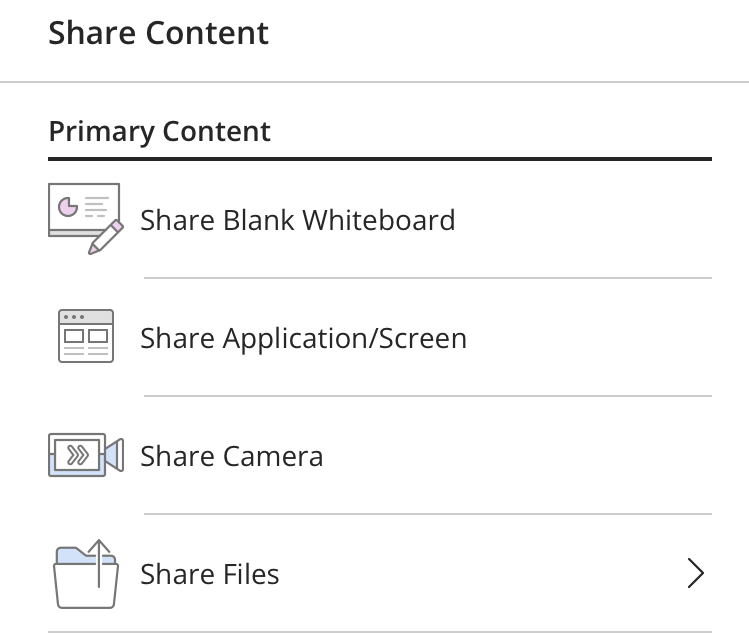 Share Content options: whiteboard, screen, camera, files