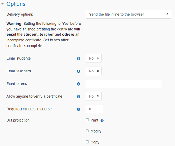 screenshot of option fields. this includes delivery options, email students and more