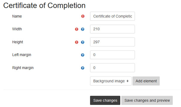 certificate of completion fields include name, width, height, left and right margin, and background