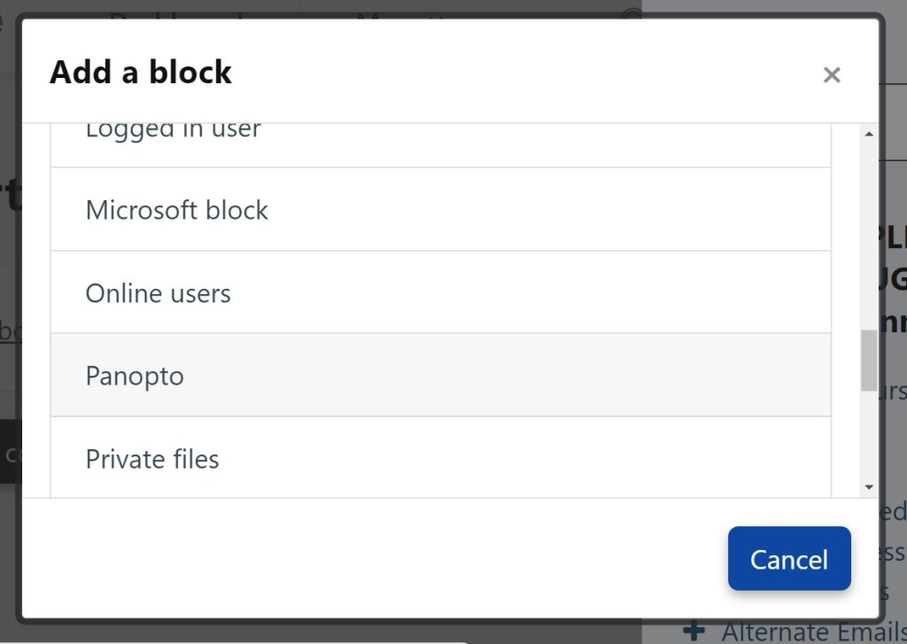 The Panopto option in the Add a block window