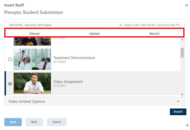 Submission options in the Panopto submission window