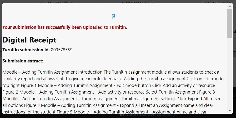 A digital receipt generated from a successful submission to Turnitin