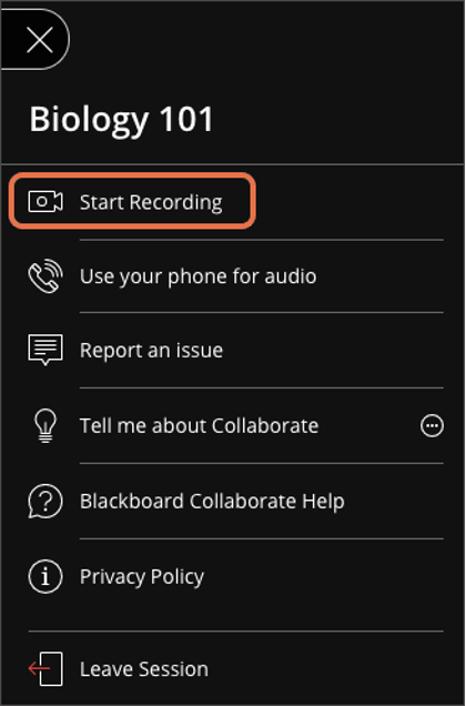The Start recording option inside a Collaborate classroom