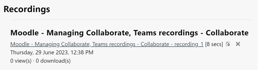 The Recordings section in a Moodle Collaborate activity