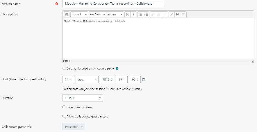 Screenshot of General settings for Collaborate activity