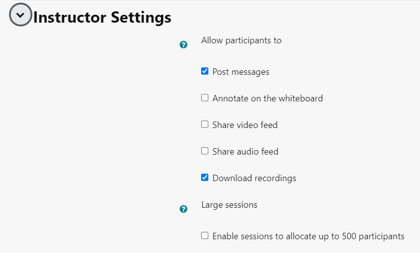 The instructor settings tab for a Collaborate activity