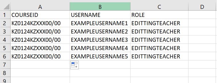 An Excel spreadsheet showing the three required columns for an enrolment CSV file