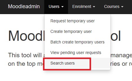 The Search users menu option in Admin Tool