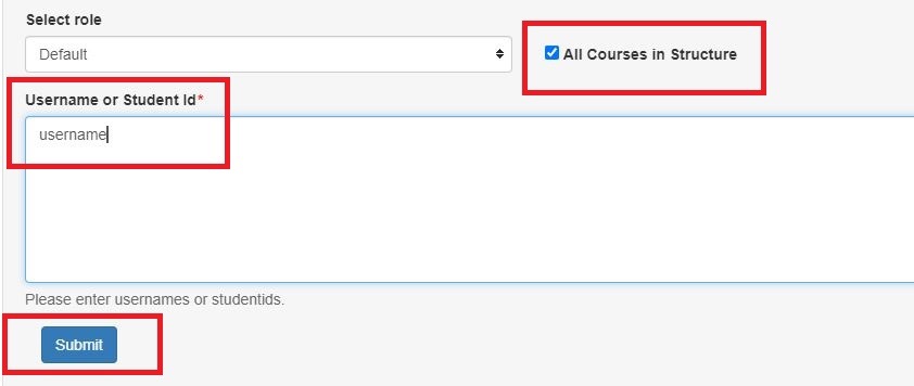 Enrol user window, including username dialogue, all courses in structure options and submit button
