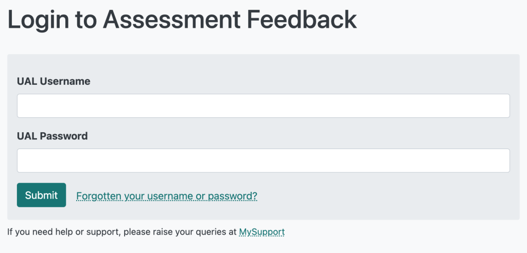 The Assessment Feedback login page