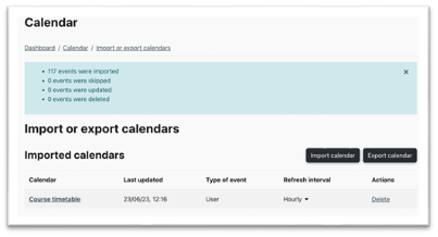 Calendar import success screen 