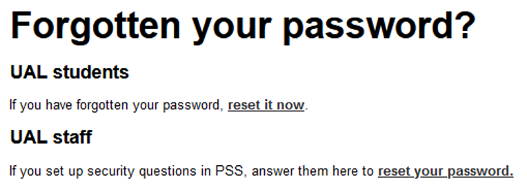 The forgotten password page on UAL password self service portal