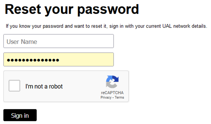 The password reset page in UAL password self service portal