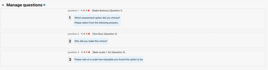 Screenshot of the Manage questions window in the Questionnaire activity