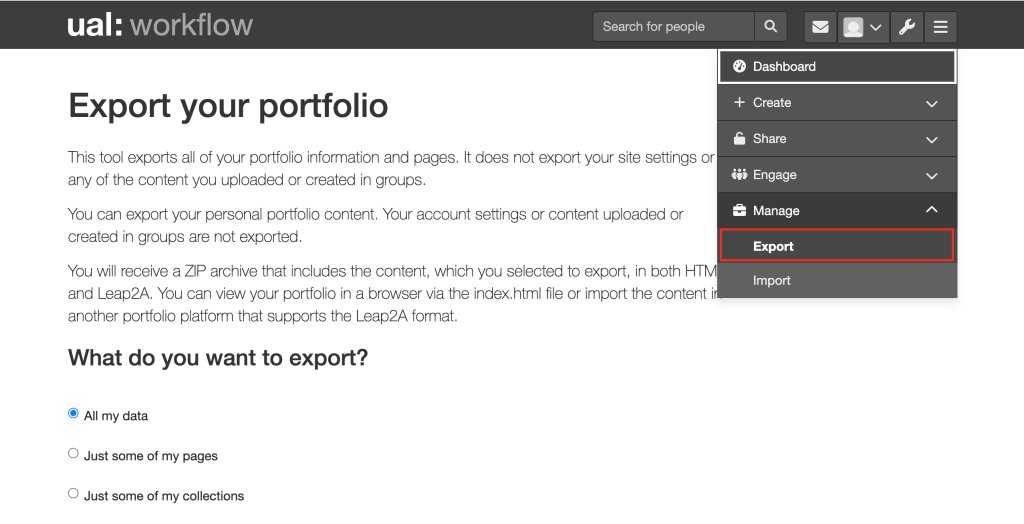 The Workflow export page
