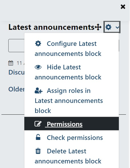 The Permissions option in the settings of the Latest announcements block