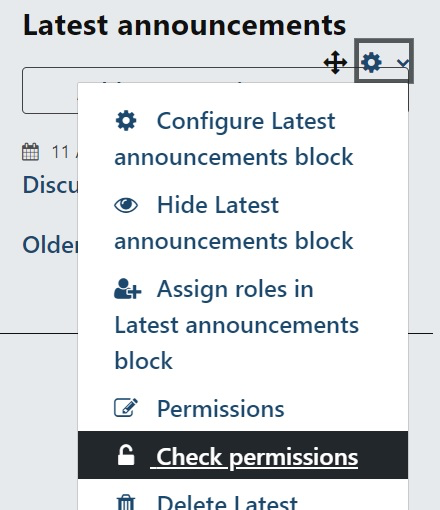 The Check permissions option in the settings of the Latest announcements block