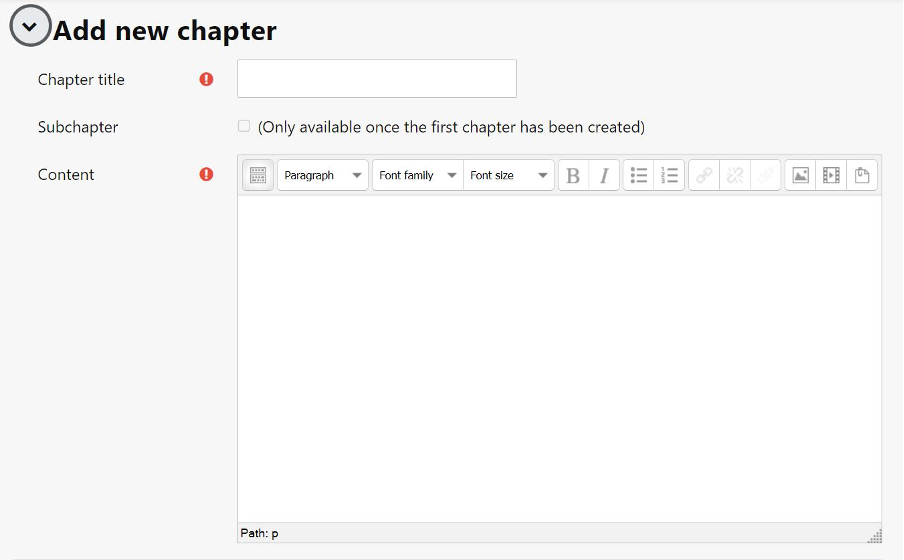 The Add new chapter options in Book activity settings