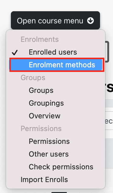 Enrolment methods option in the dropdown enrolment menu