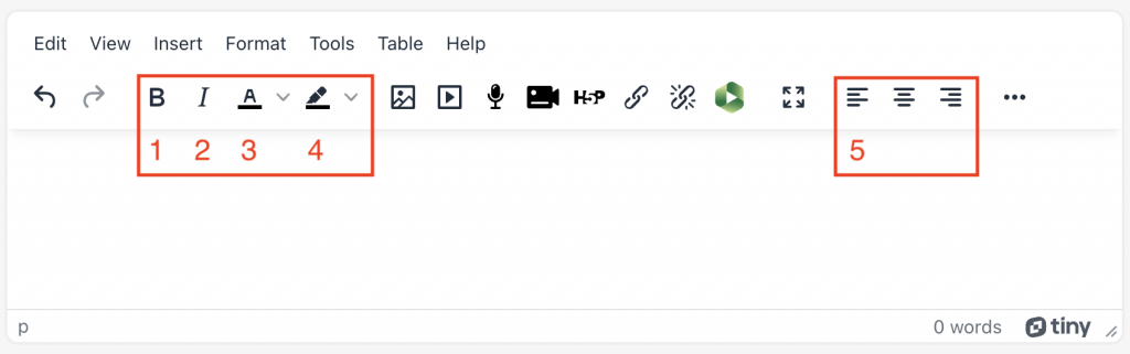 The TinyMCE editor with text formatting options highlighted