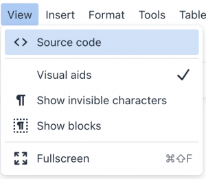 The TinyMCE editor showing the view source code menu item