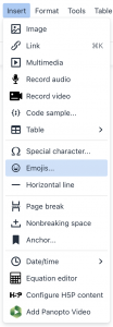 The TinyMCE editor with the insert emoji menu item 