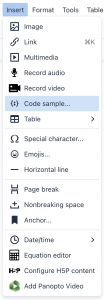 The TinyMCE editor with the insert code sample menu item 