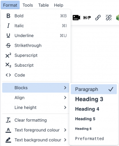 The TinyMCE editor paragraph formatting options highlighted