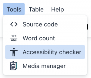 The Accessibility checker menu item within the TinyMCE editor window