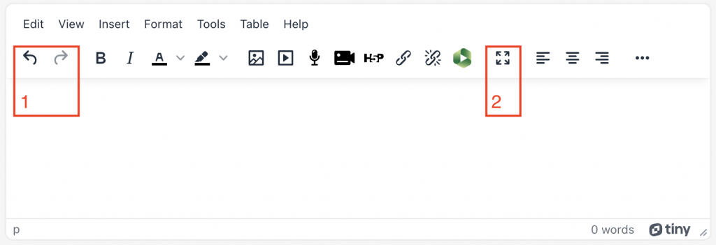 The TinyMCE editor with undo and fullscreen options highlighted