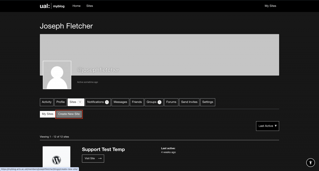 The MyBlog sites page with Create New Site button highlighted