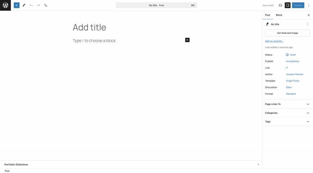 The MyBlog post editor, showing a new post without any content added