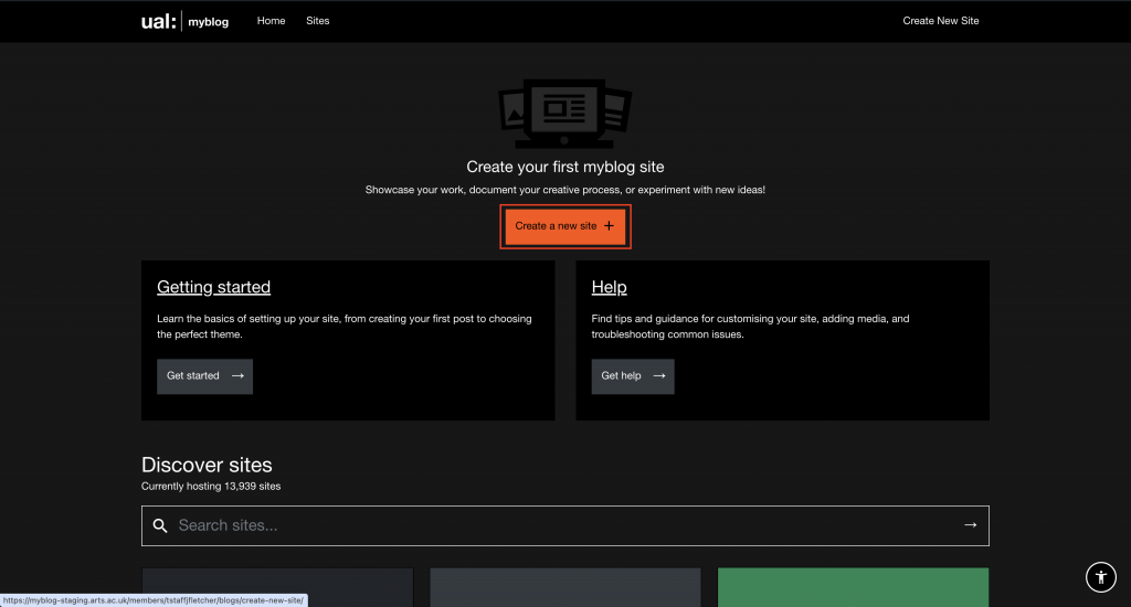 The MyBlog homepage with Create a new site button highlighted