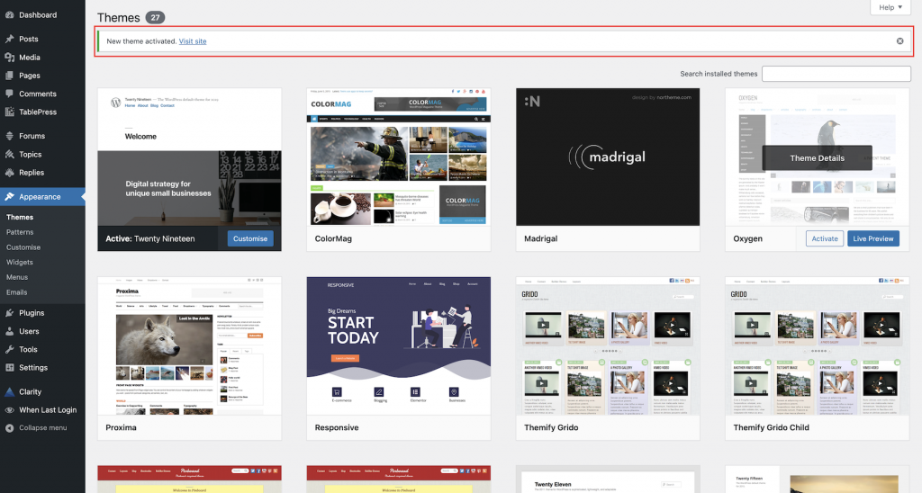The new theme activated confirmation message at the top of the themes page.