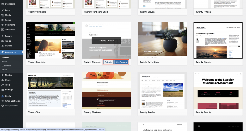 The Activate and Live Preview buttons on one of the theme tiles displayed on the theme page