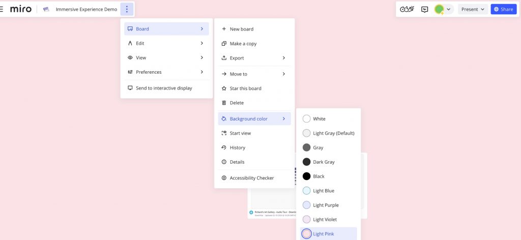 Miro settings menu open with the background colour option selected, showing different colour choices.