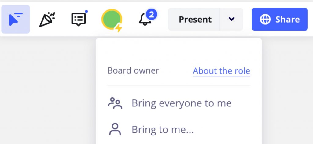Miro dropdown showing the ‘Bring everyone to me’ tool.