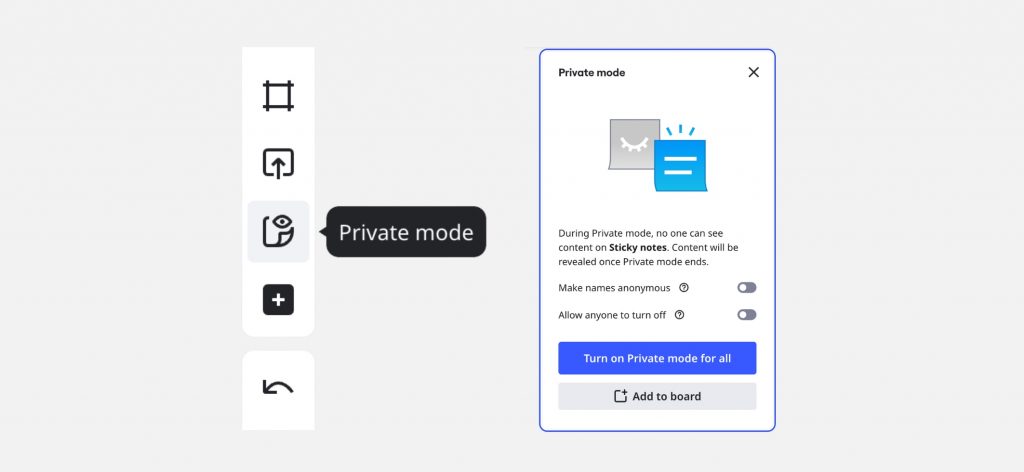 Miro interface showing the ‘Private mode’ panel with options to turn it on for all users.