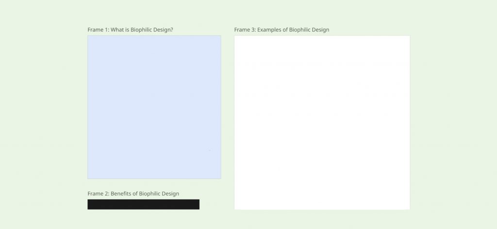 Three Miro frames with numbered titles about biophilic design.