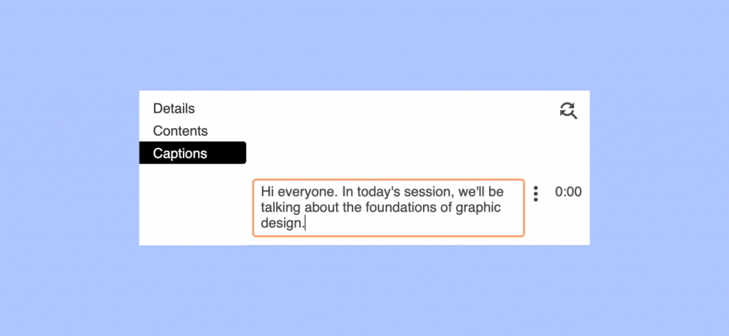 Screenshot of a highlighted captions button with text in the caption text area.