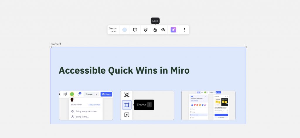 Miro interface showing a selected frame with the top menu bar and lock option highlighted.